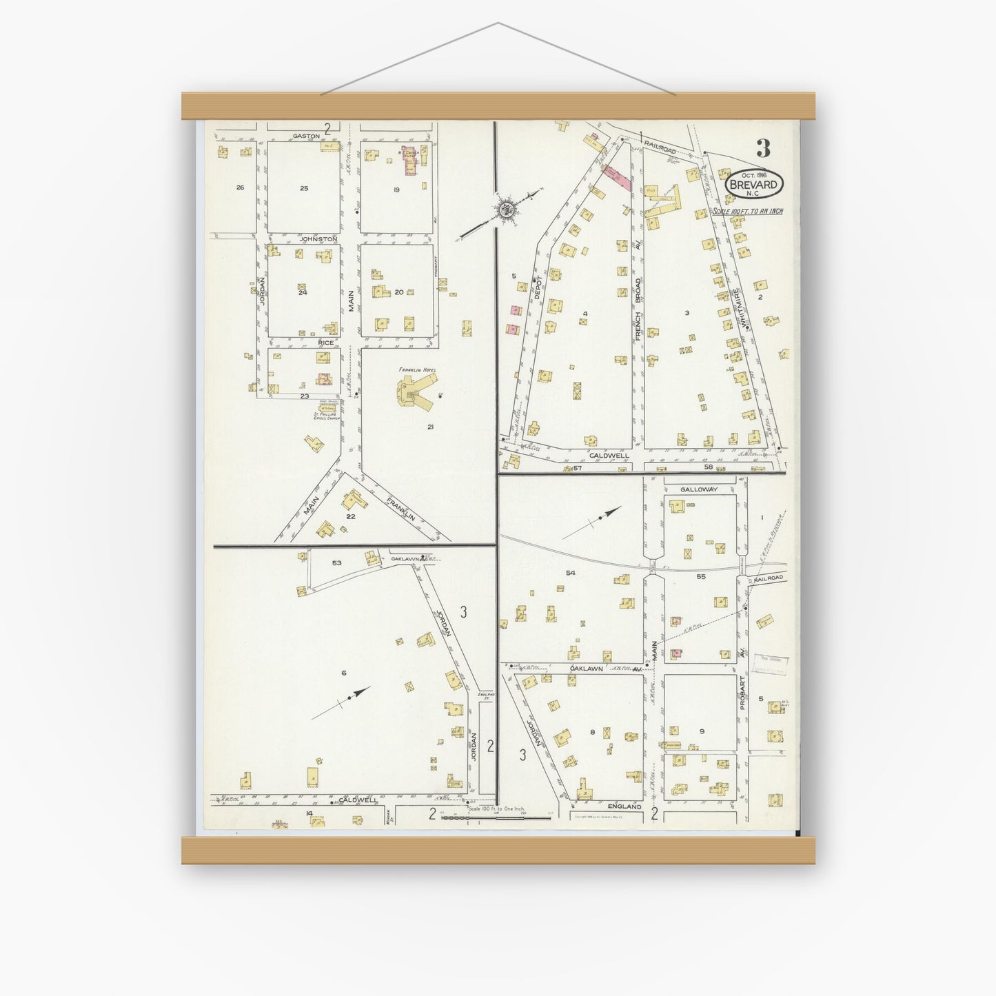 Old map wall art mockup — magnetic wood frame on white wall — Sanborn Fire Insurance Map from Brevard, Transylvania County, North Carolina (1916), Sheet #0003