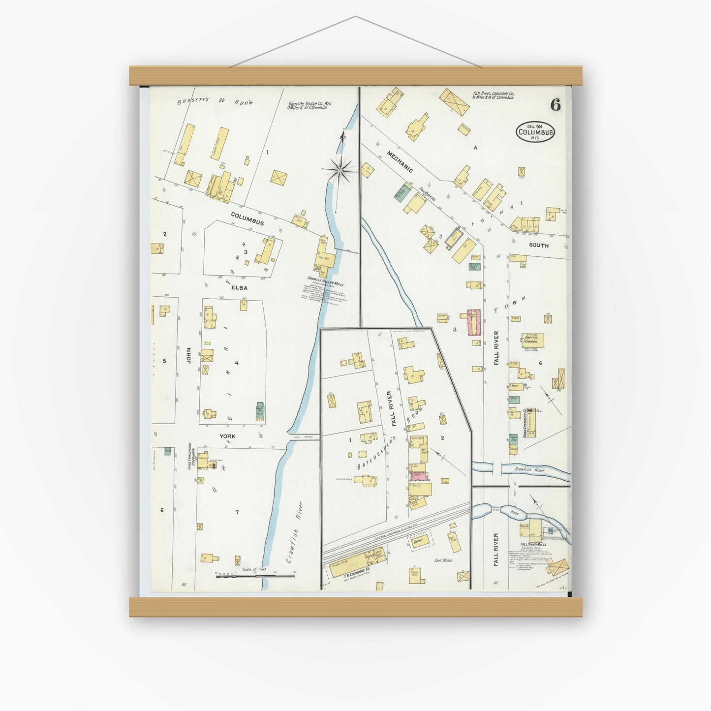 Old map wall art mockup — magnetic wood frame on white wall — Sanborn Fire Insurance Map from Columbus, Columbia and Dodge County, Wisconsin (1904), Sheet #0006