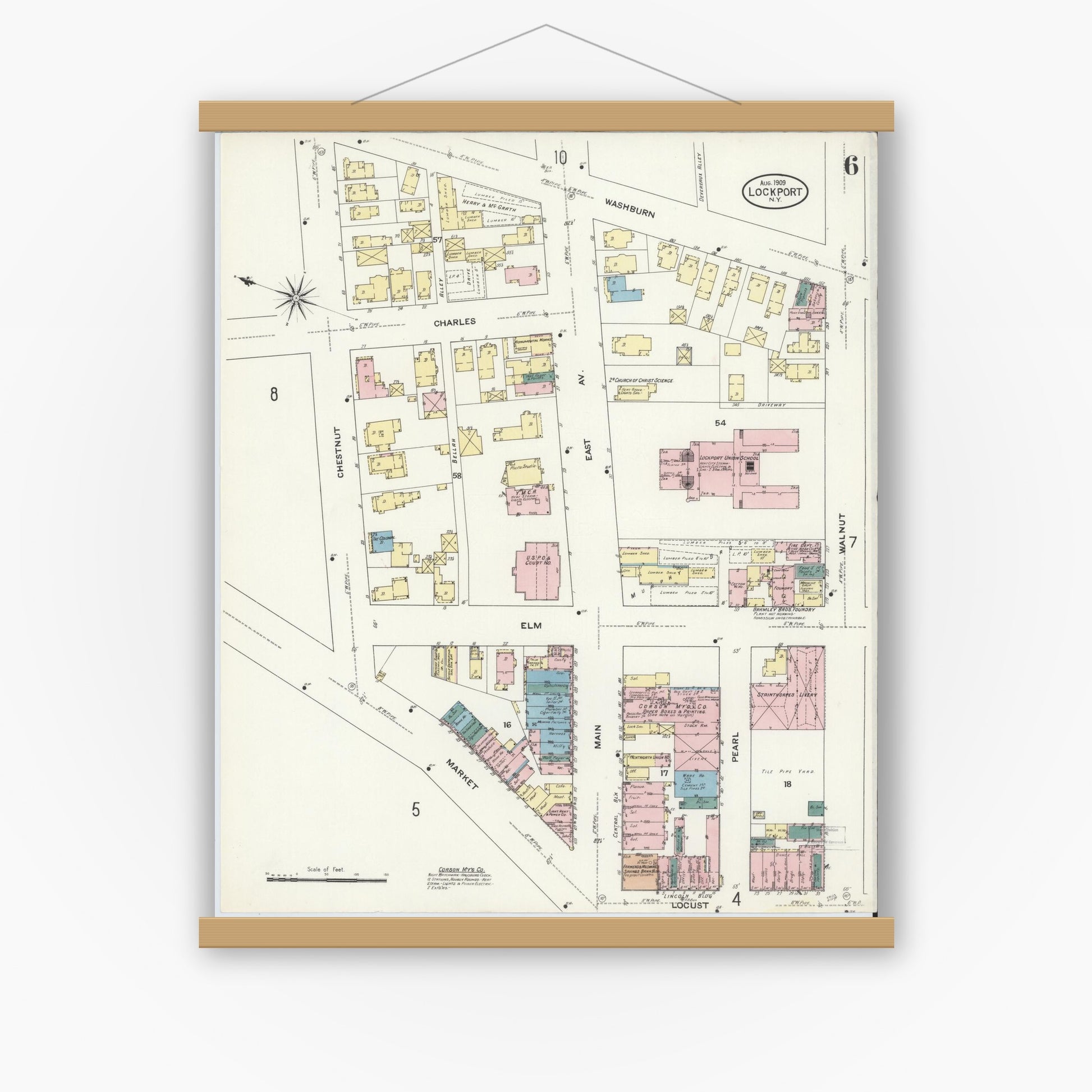 Old map wall art mockup — magnetic wood frame on white wall — Sanborn Fire Insurance Map from Lockport, Niagara County, New York (1909), Sheet #0006