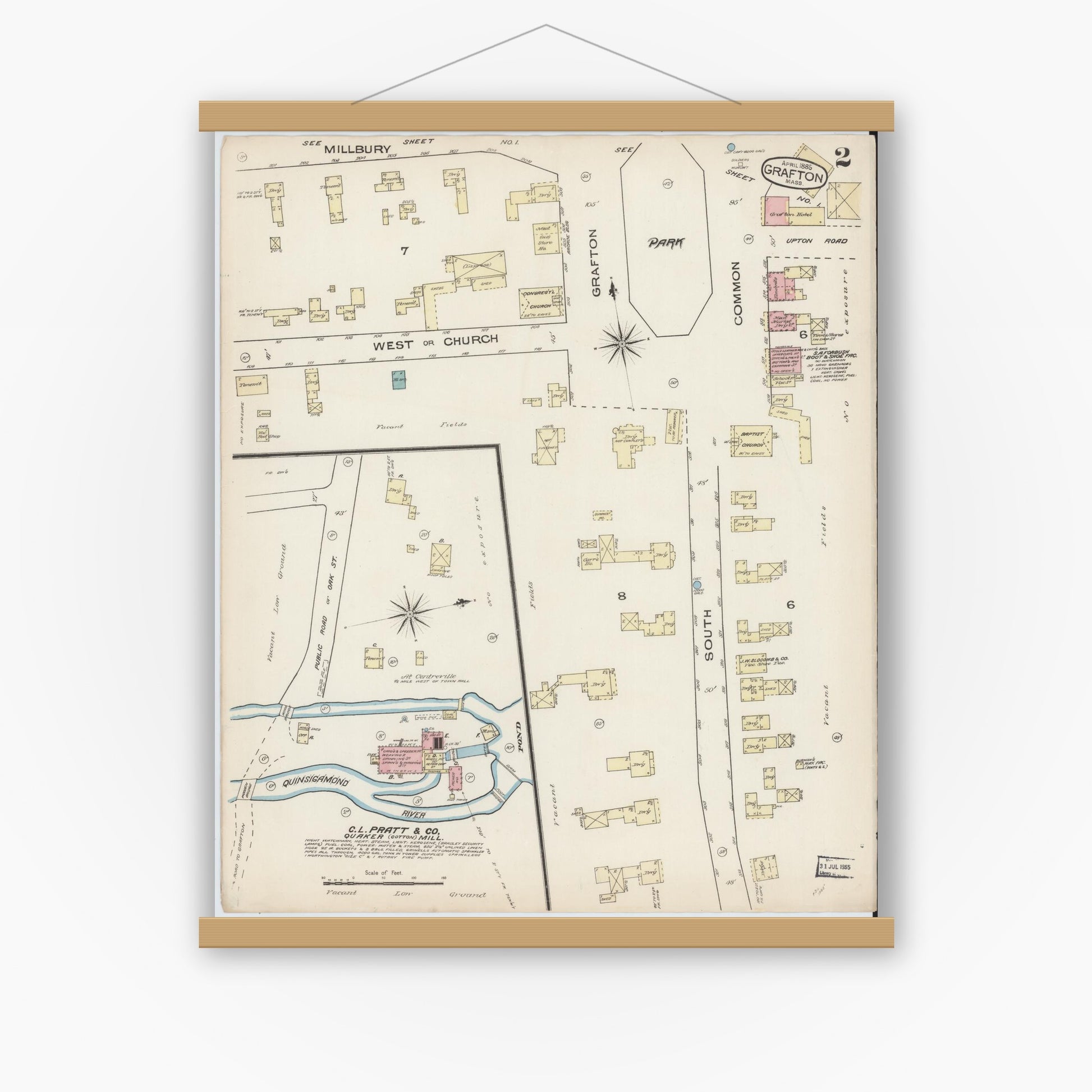 Old map wall art mockup — magnetic wood frame on white wall — Sanborn Fire Insurance Map from Grafton, Worcester County, Massachusetts (1885), Sheet #0002
