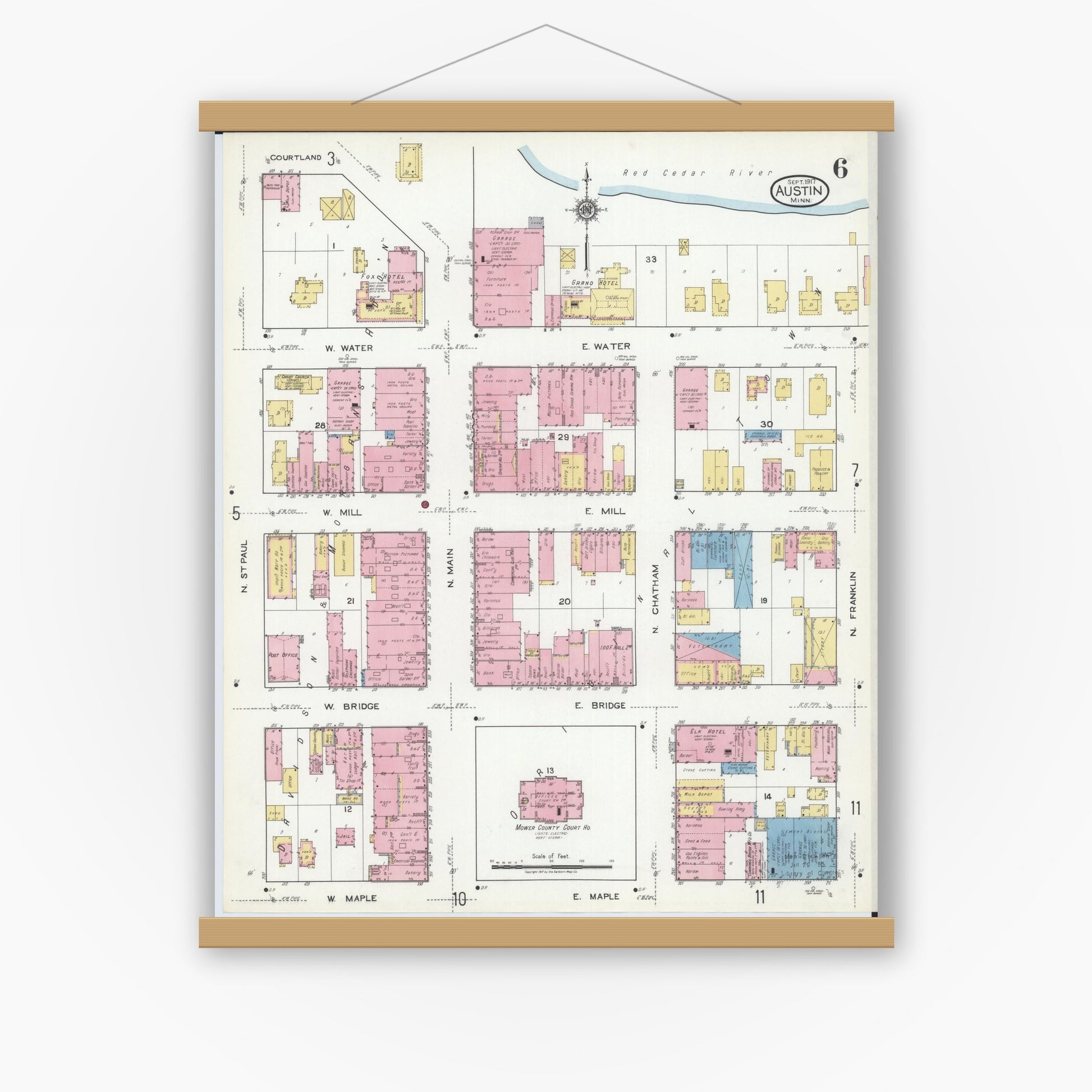 Old map wall art mockup — magnetic wood frame on white wall — Sanborn Fire Insurance Map from Austin, Mower County, Minnesota (1917), Sheet #0006