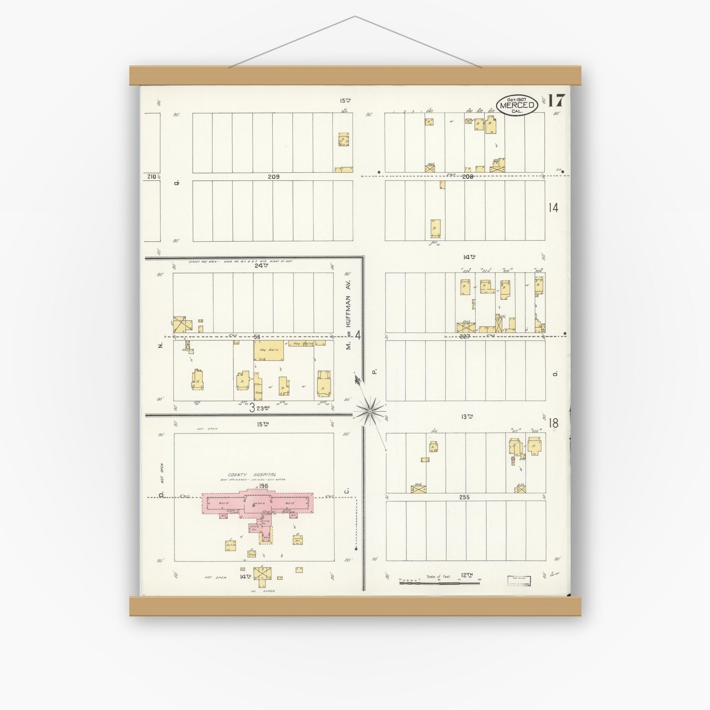 Old map wall art mockup — magnetic wood frame on white wall — Sanborn Fire Insurance Map from Merced, Merced County, California (1907), Sheet #0017
