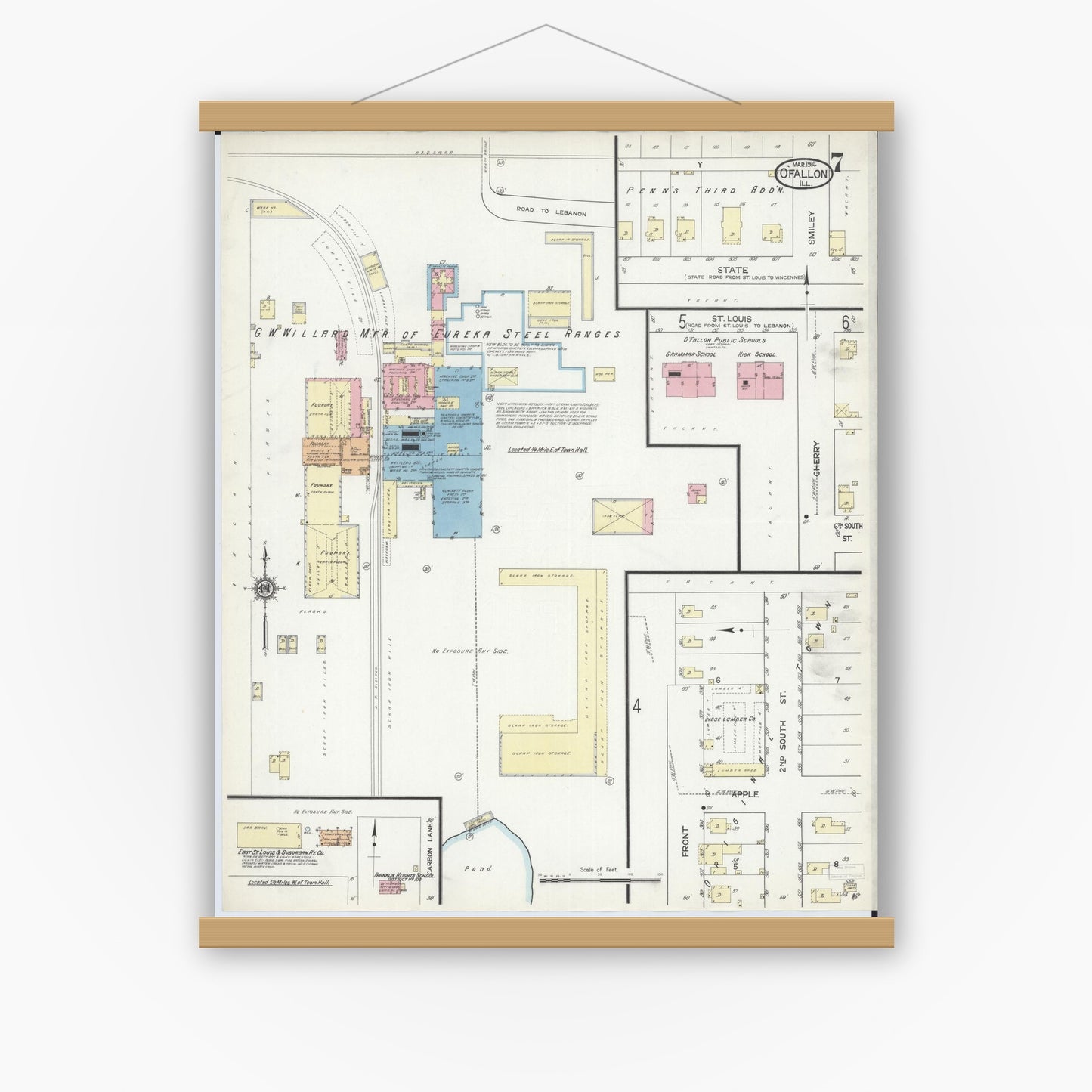 Old map wall art mockup — magnetic wood frame on white wall — Sanborn Fire Insurance Map from O'Fallon, Saint Clair County, Illinois (1914), Sheet #0007
