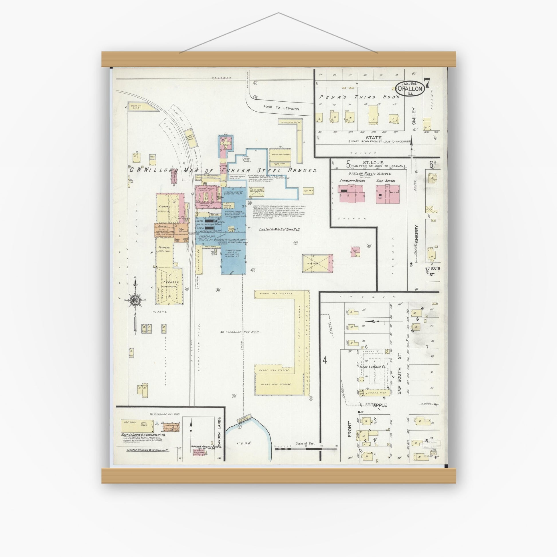Old map wall art mockup — magnetic wood frame on white wall — Sanborn Fire Insurance Map from O'Fallon, Saint Clair County, Illinois (1914), Sheet #0007