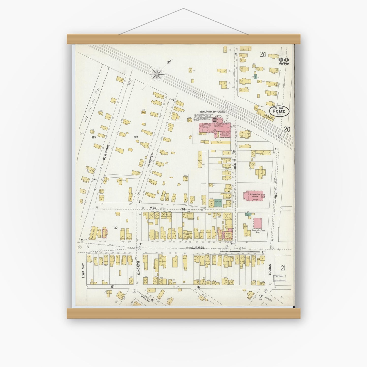Old map wall art mockup — magnetic wood frame on white wall — Sanborn Fire Insurance Map from Rome, Oneida County, New York (1899), Sheet #0022