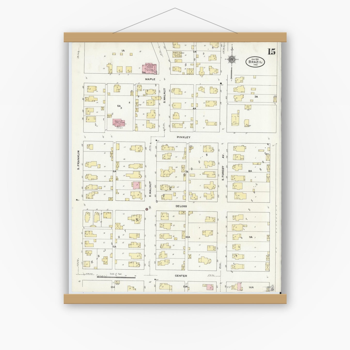 Old map wall art mockup — magnetic wood frame on white wall — Sanborn Fire Insurance Map from Brazil, Clay County, Indiana (1910), Sheet #0015