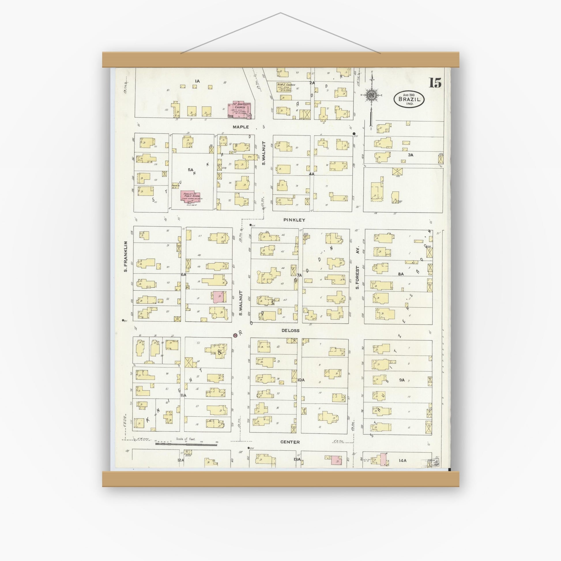 Old map wall art mockup — magnetic wood frame on white wall — Sanborn Fire Insurance Map from Brazil, Clay County, Indiana (1910), Sheet #0015