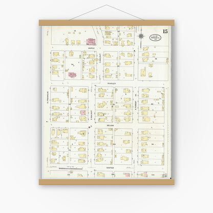 Old map wall art mockup — magnetic wood frame on white wall — Sanborn Fire Insurance Map from Brazil, Clay County, Indiana (1910), Sheet #0015