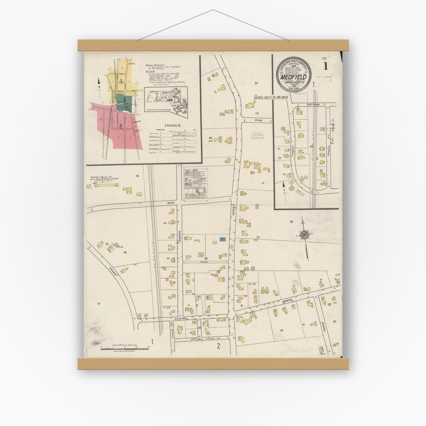 Old map wall art mockup — magnetic wood frame on white wall — Sanborn Fire Insurance Map from Medfield, Norfolk County, Massachusetts (1922) - Complete Map Set