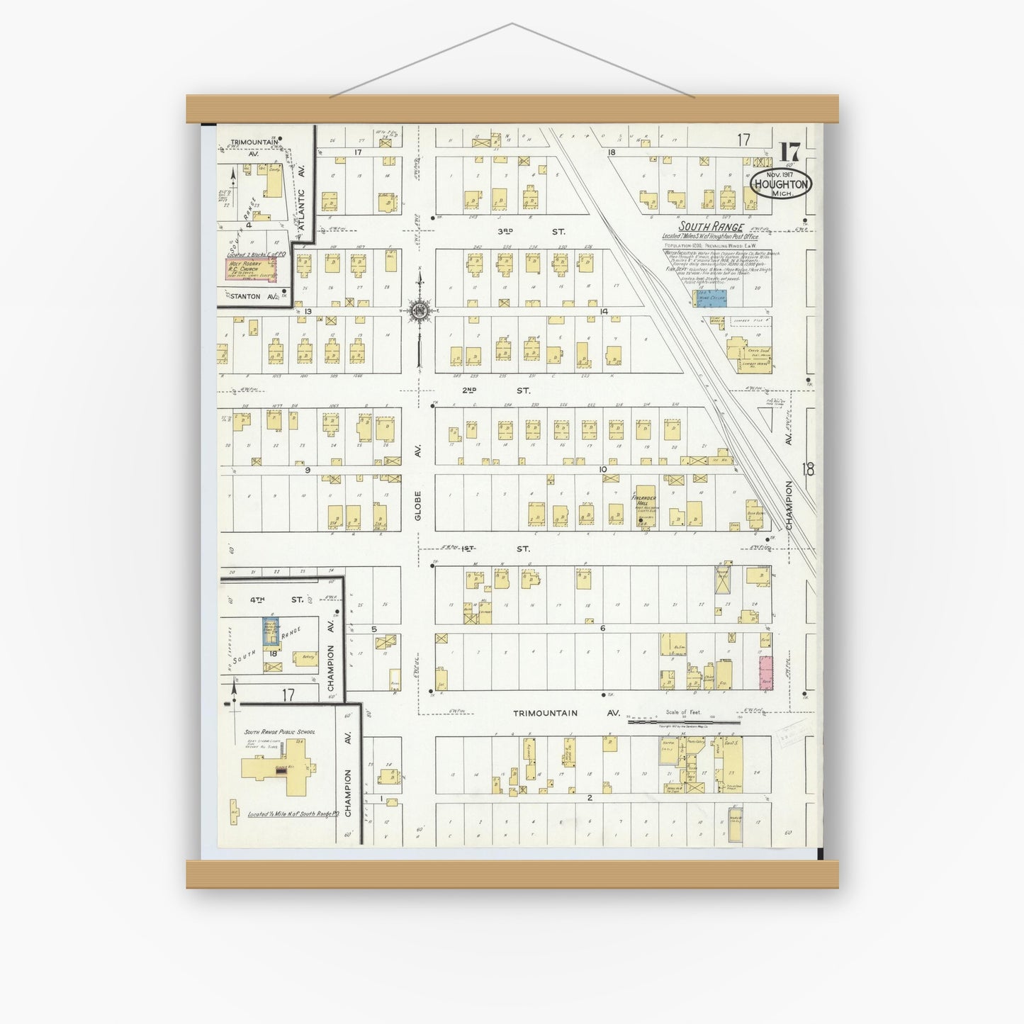 Old map wall art mockup — magnetic wood frame on white wall — Sanborn Fire Insurance Map from Houghton, Houghton County, Michigan (1917), Sheet #0017