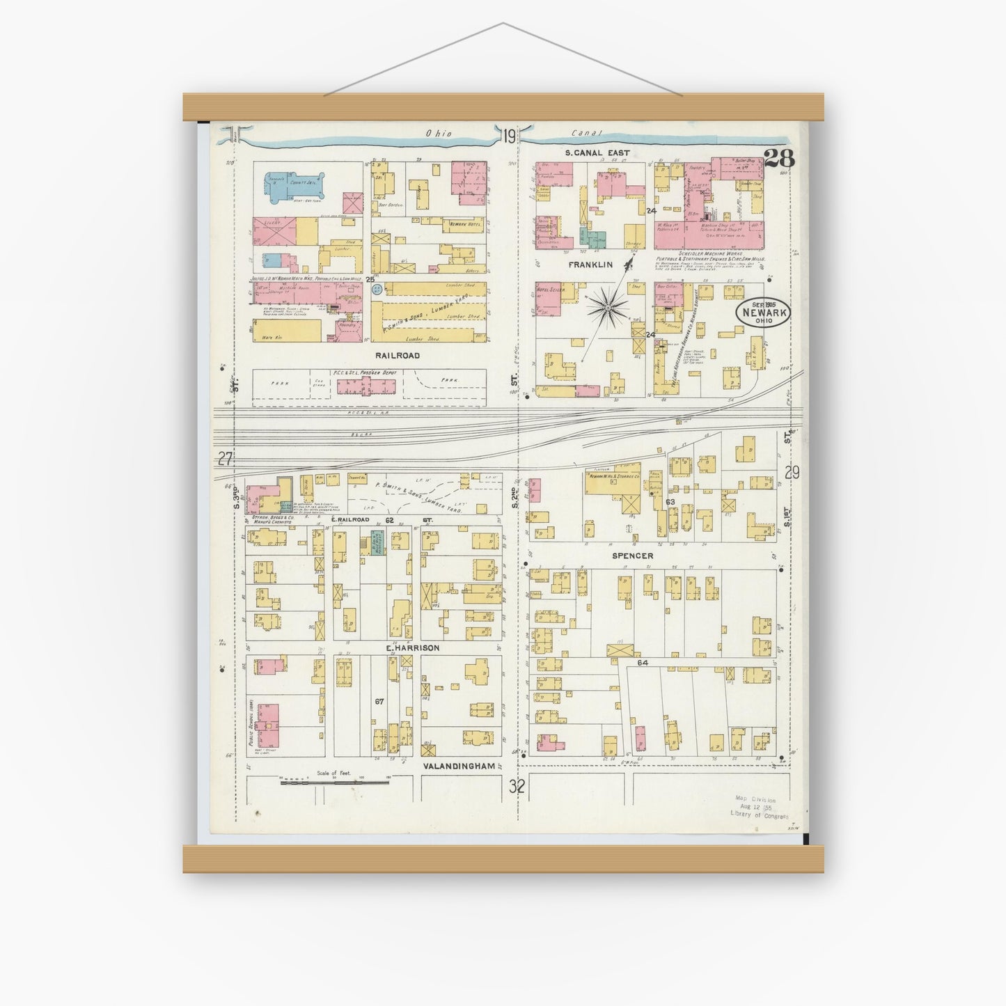 Old map wall art mockup — magnetic wood frame on white wall — Sanborn Fire Insurance Map from Newark, Licking County, Ohio (1905), Sheet #0028