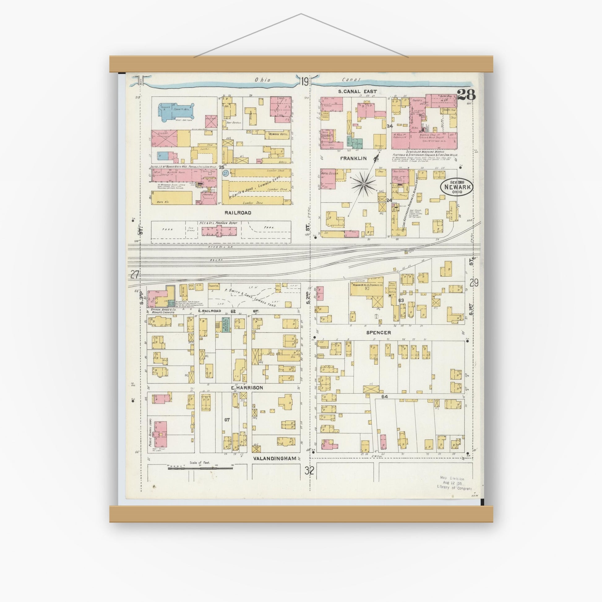Old map wall art mockup — magnetic wood frame on white wall — Sanborn Fire Insurance Map from Newark, Licking County, Ohio (1905), Sheet #0028