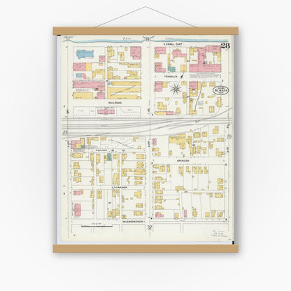 Old map wall art mockup — magnetic wood frame on white wall — Sanborn Fire Insurance Map from Newark, Licking County, Ohio (1905), Sheet #0028