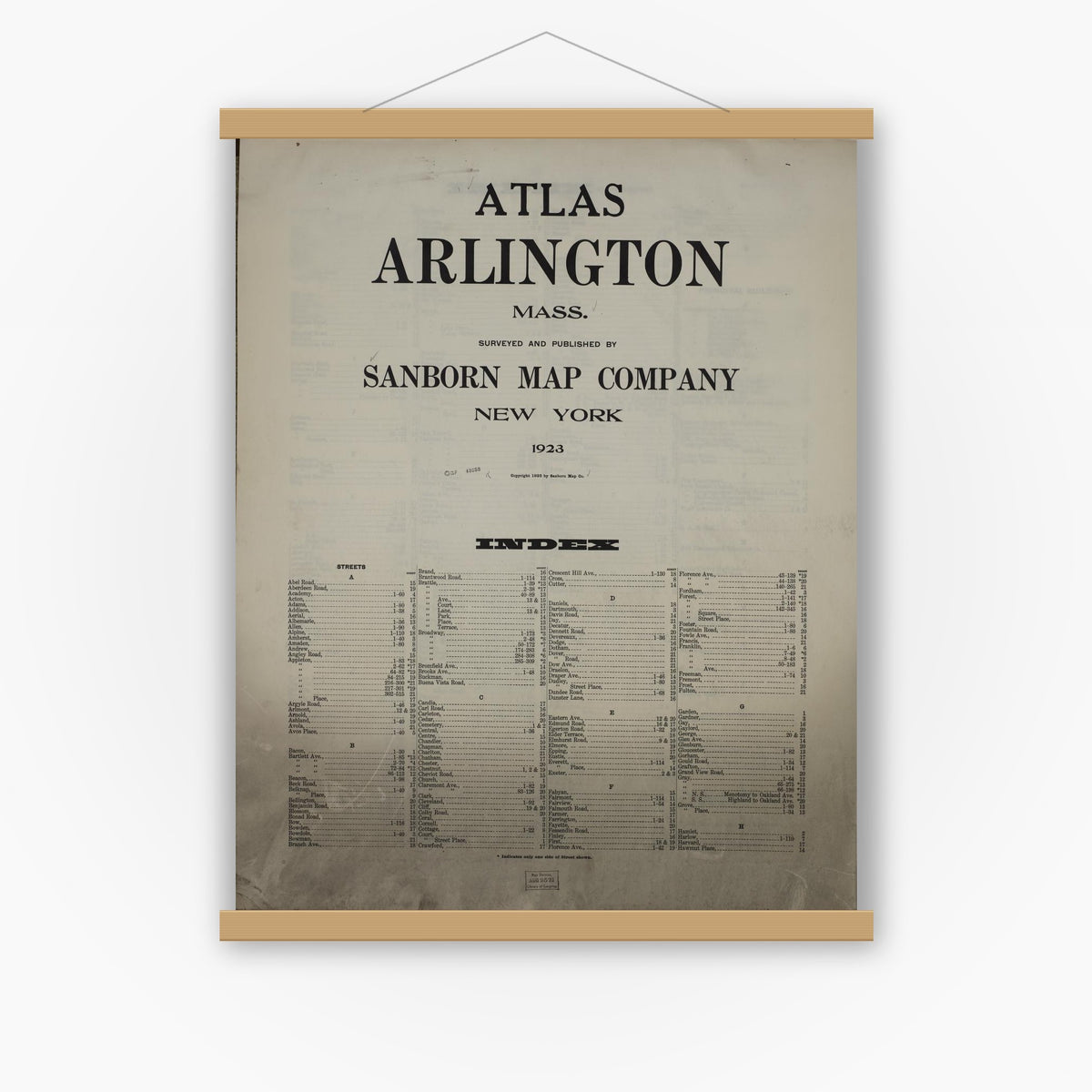 Old map wall art mockup — magnetic wood frame on white wall — Sanborn Fire Insurance Map from Arlington, Middlesex County, Massachusetts (1923), Sheet #0001