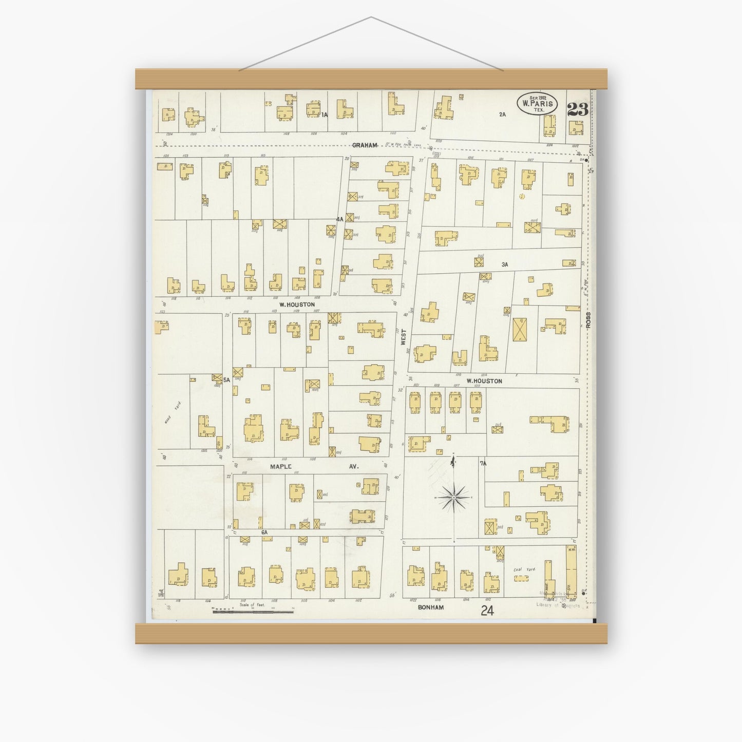 Old map wall art mockup — magnetic wood frame on white wall — Sanborn Fire Insurance Map from Paris, Lamar County, Texas (1902), Sheet #0023