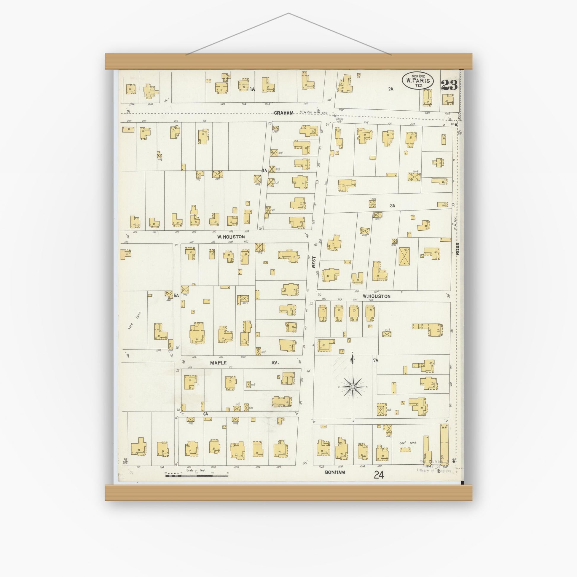 Old map wall art mockup — magnetic wood frame on white wall — Sanborn Fire Insurance Map from Paris, Lamar County, Texas (1902), Sheet #0023