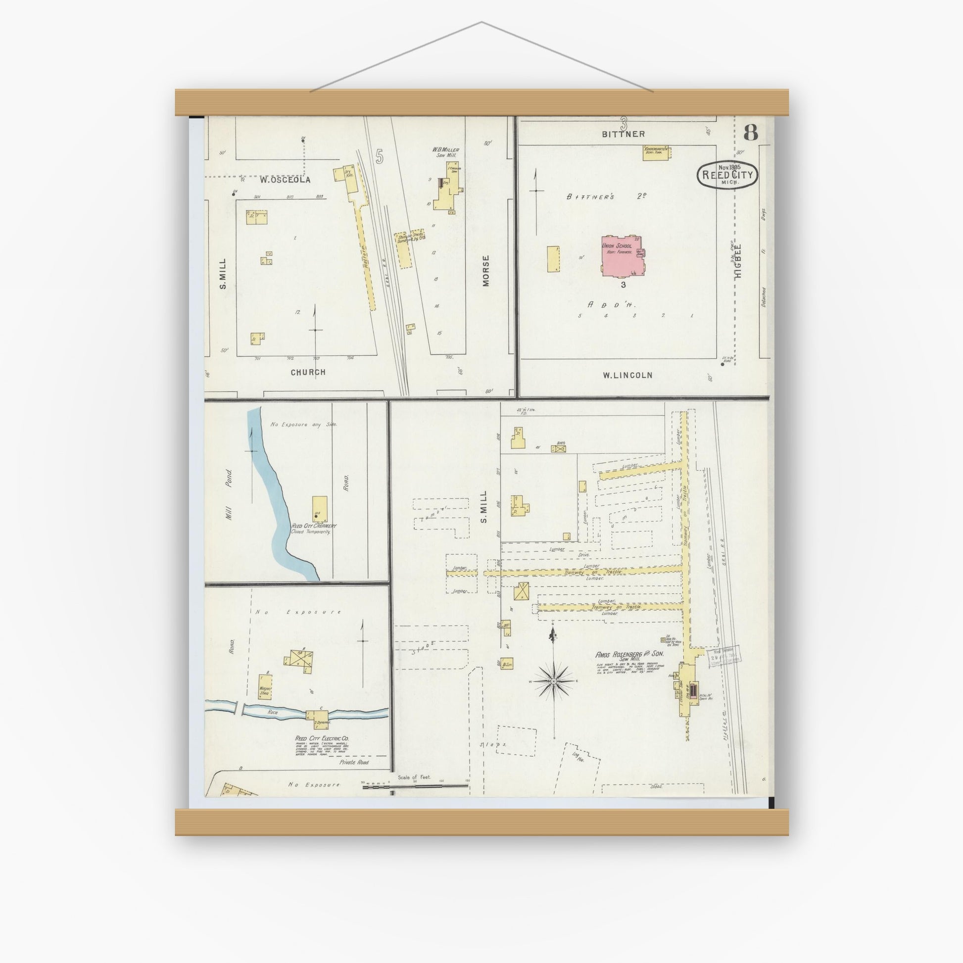 Old map wall art mockup — magnetic wood frame on white wall — Sanborn Fire Insurance Map from Reed City, Osceola County, Michigan (1895), Sheet #0008