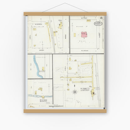 Old map wall art mockup — magnetic wood frame on white wall — Sanborn Fire Insurance Map from Reed City, Osceola County, Michigan (1895), Sheet #0008