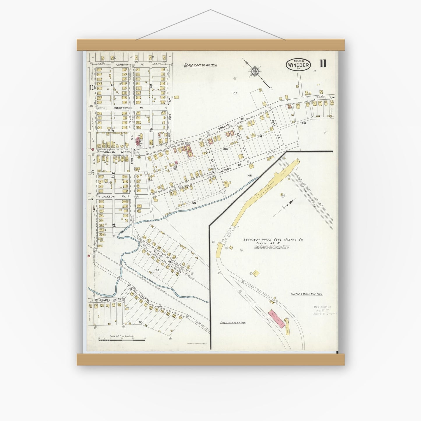 Old map wall art mockup — magnetic wood frame on white wall — Sanborn Fire Insurance Map from Windber, Somerset County, Pennsylvania (1916), Sheet #0011