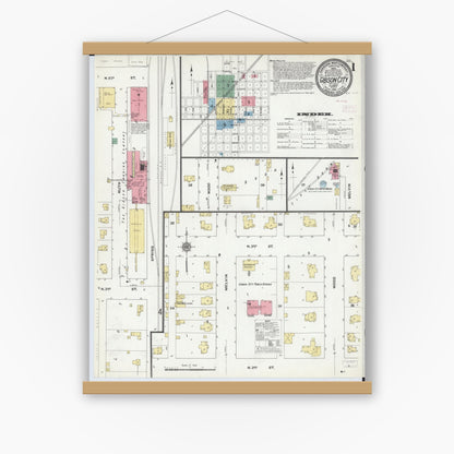 Old map wall art mockup — magnetic wood frame on white wall — Sanborn Fire Insurance Map from Gibson City, Ford County, Illinois (1910) - Complete Map Set