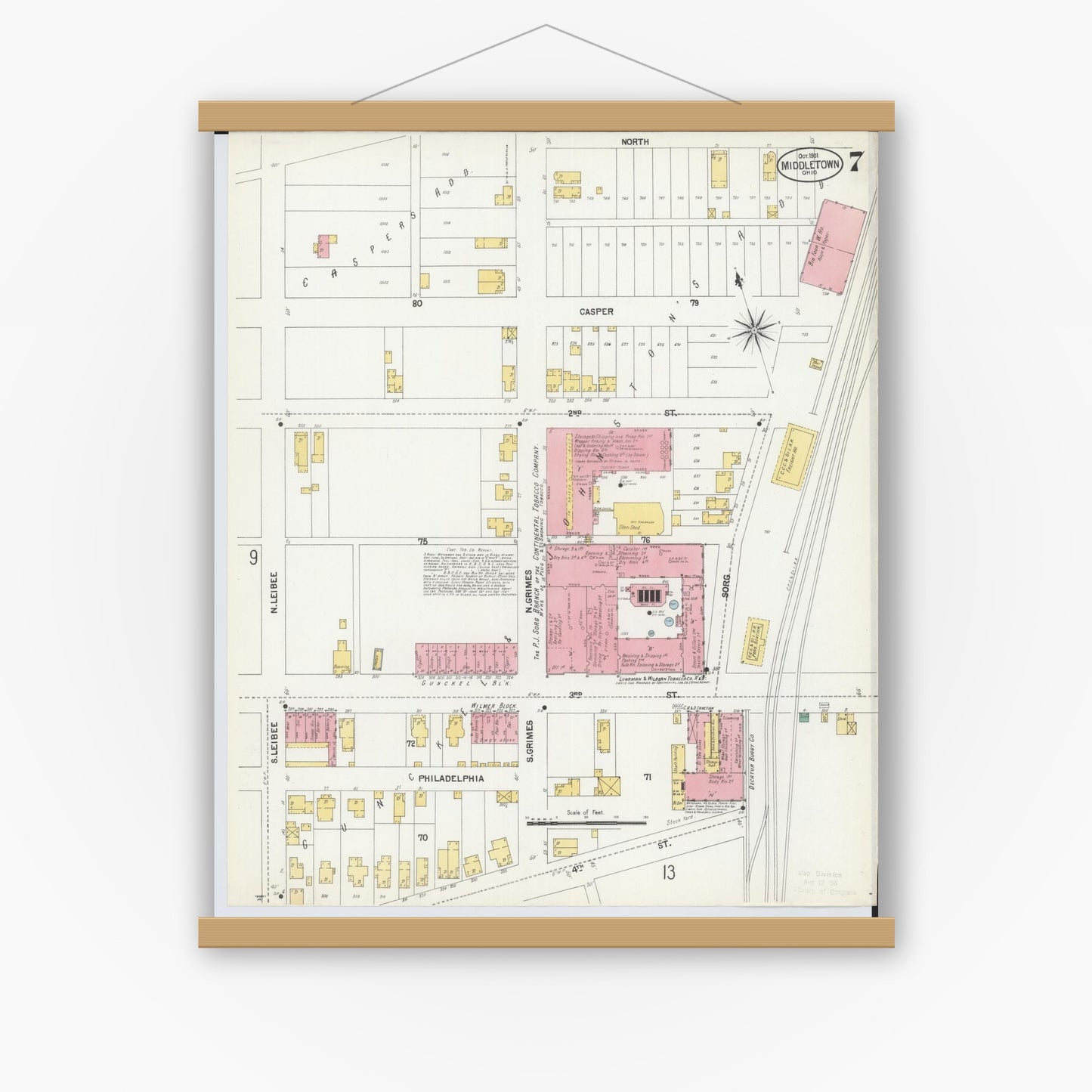 Old map wall art mockup — magnetic wood frame on white wall — Sanborn Fire Insurance Map from Middletown, Butler County, Ohio (1901), Sheet #0007