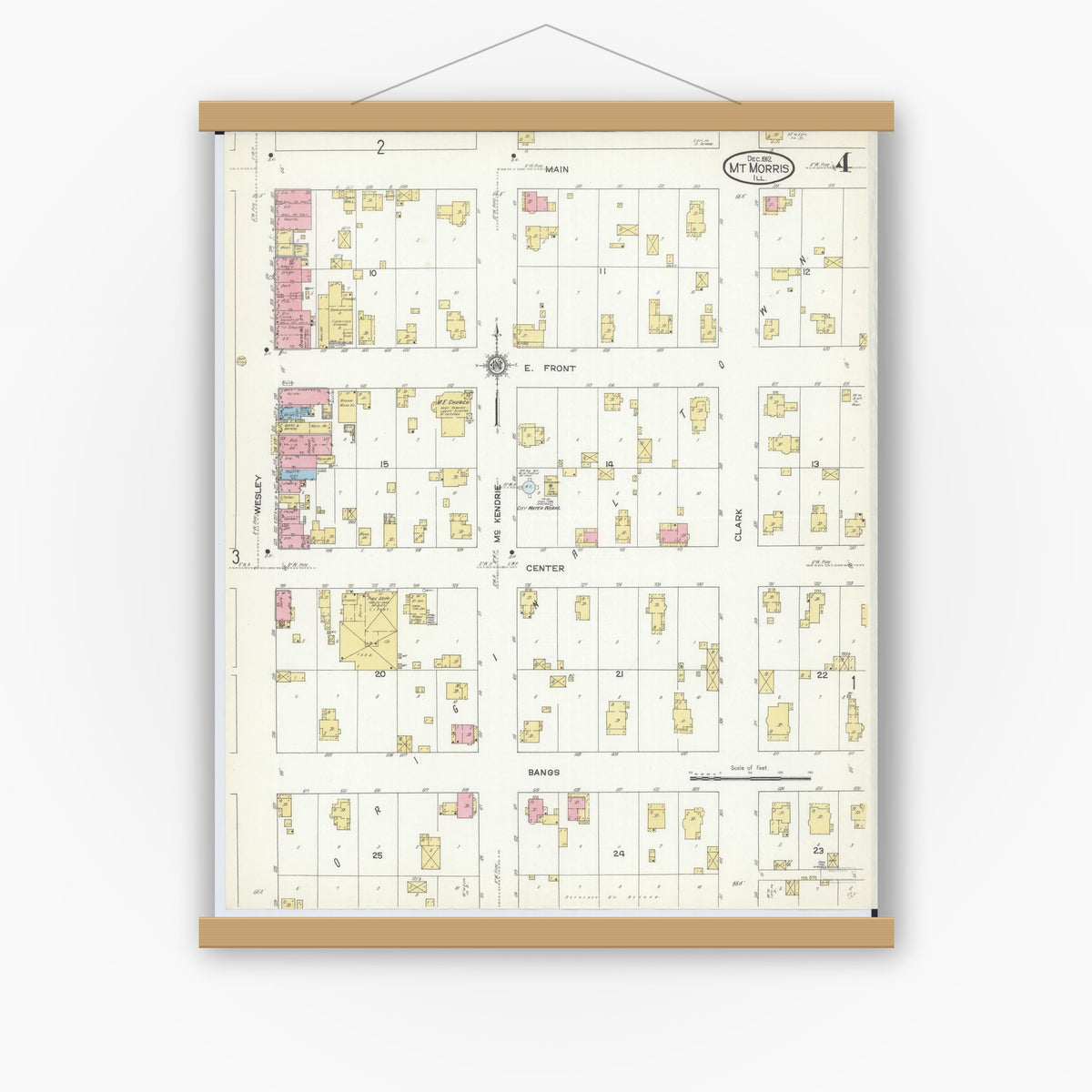 Old map wall art mockup — magnetic wood frame on white wall — Sanborn Fire Insurance Map from Mount Morris, Ogle County, Illinois (1912), Sheet #0004
