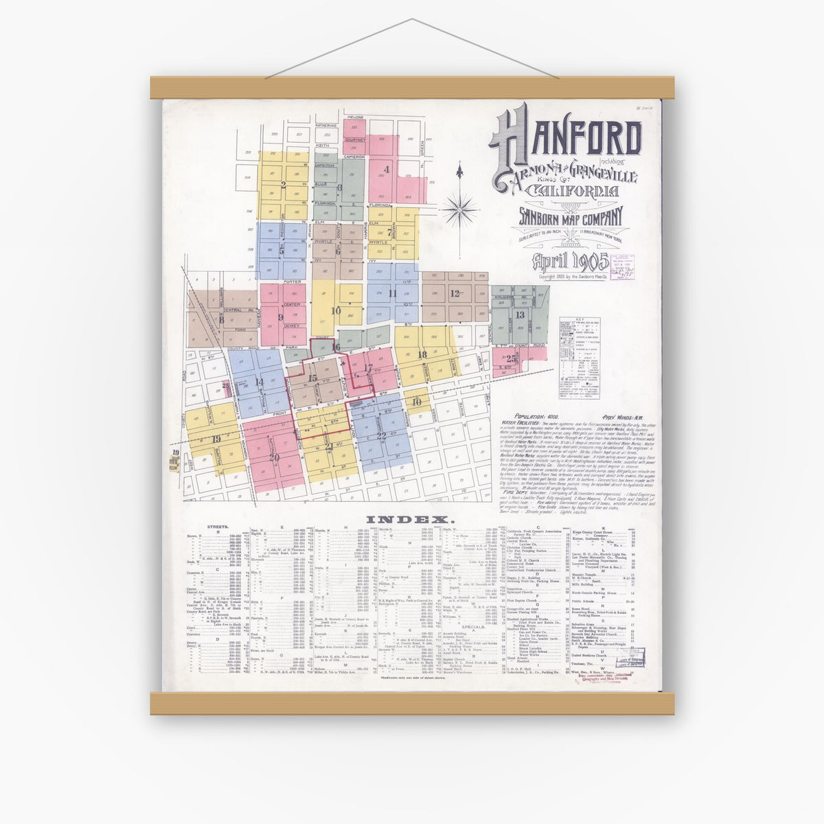 Old map wall art mockup — magnetic wood frame on white wall — Sanborn Fire Insurance Map from Hanford, Kings County, California (1905) - Complete Map Set