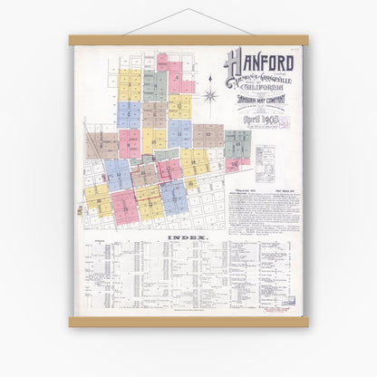 Old map wall art mockup — magnetic wood frame on white wall — Sanborn Fire Insurance Map from Hanford, Kings County, California (1905) - Complete Map Set