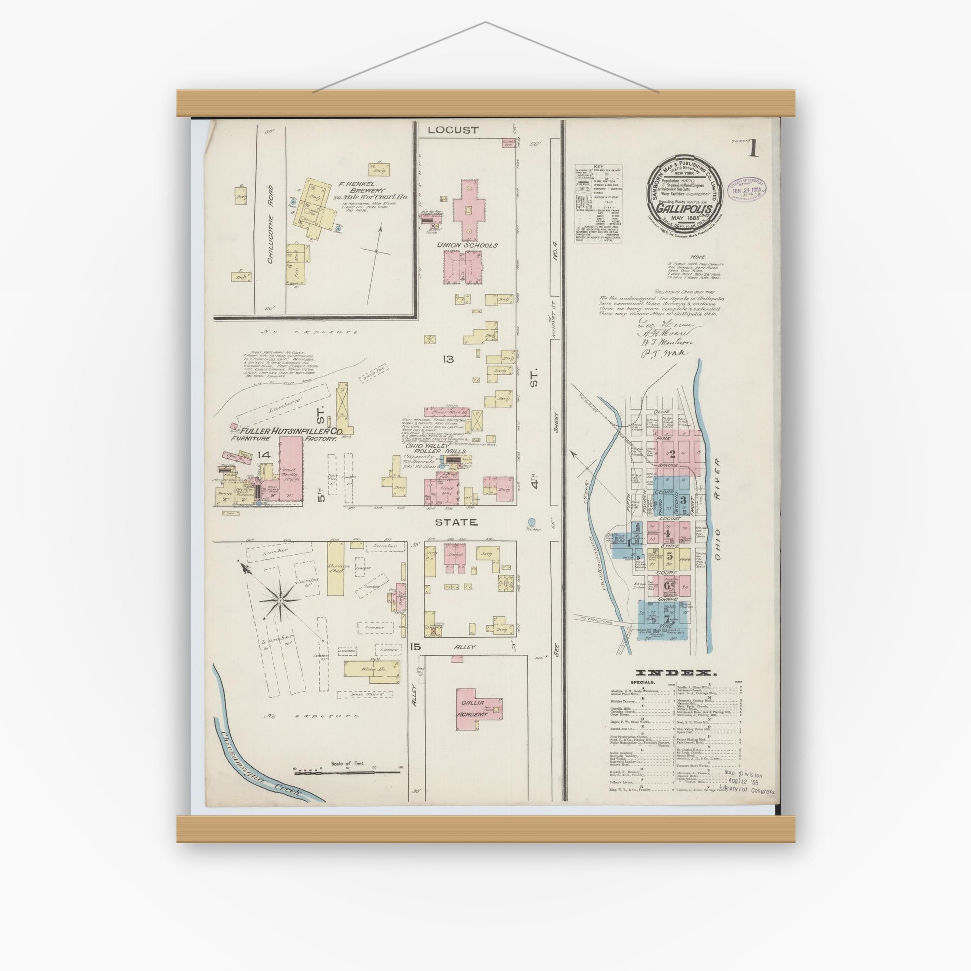 Old map wall art mockup — magnetic wood frame on white wall — Sanborn Fire Insurance Map from Gallipolis, Gallia County, Ohio (1885) - Complete Map Set