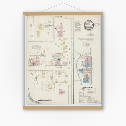 Old map wall art mockup — magnetic wood frame on white wall — Sanborn Fire Insurance Map from Gallipolis, Gallia County, Ohio (1885) - Complete Map Set