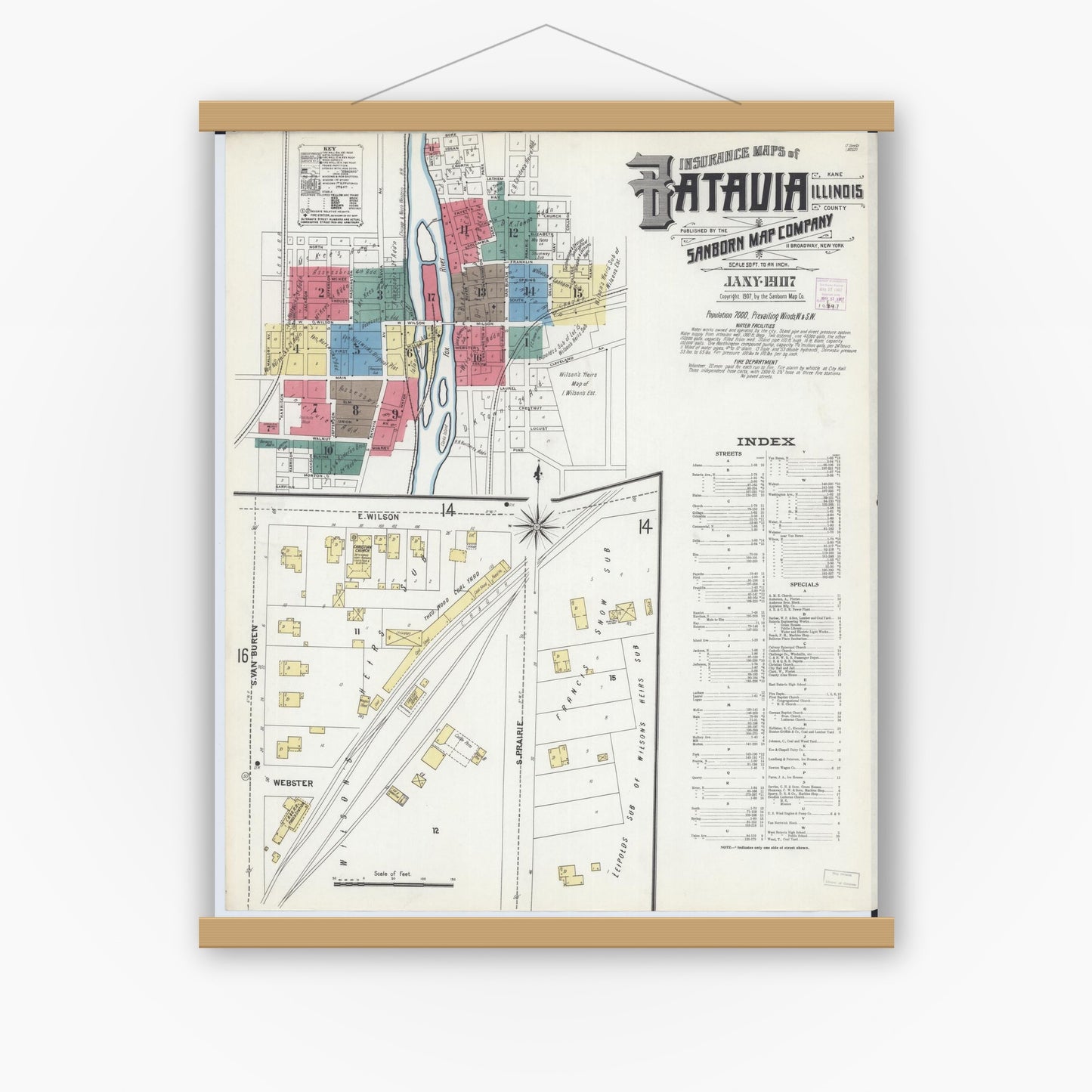 Old map wall art mockup — magnetic wood frame on white wall — Sanborn Fire Insurance Map from Batavia, Kane County, Illinois (1907) - Complete Map Set