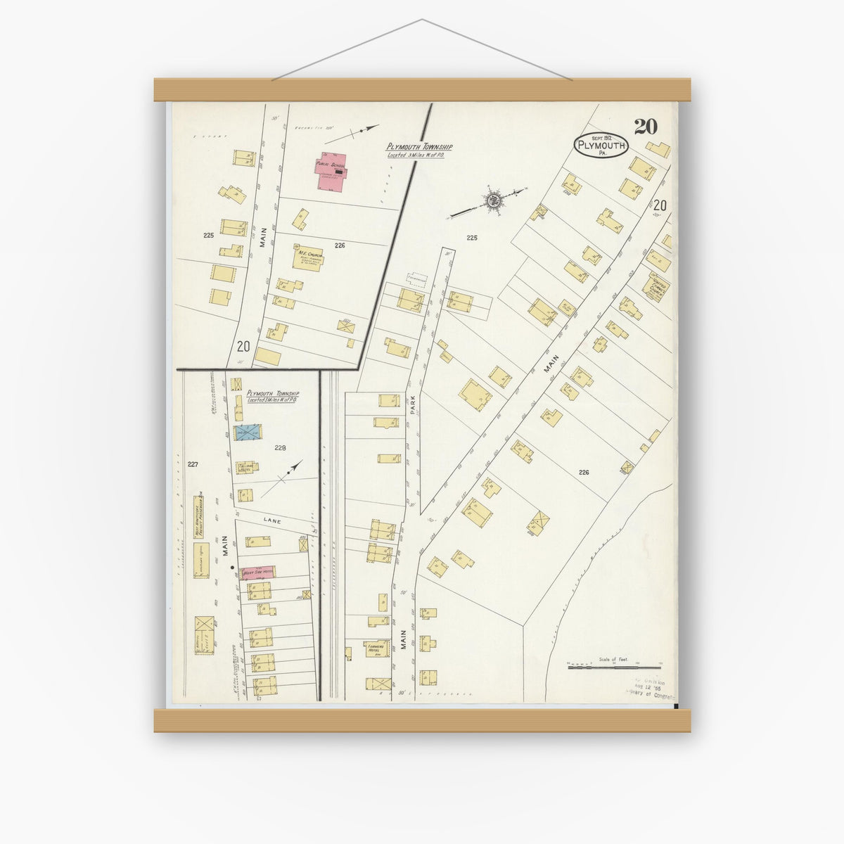 Old map wall art mockup — magnetic wood frame on white wall — Sanborn Fire Insurance Map from Plymouth, Luzerne County, Pennsylvania (1912), Sheet #0020