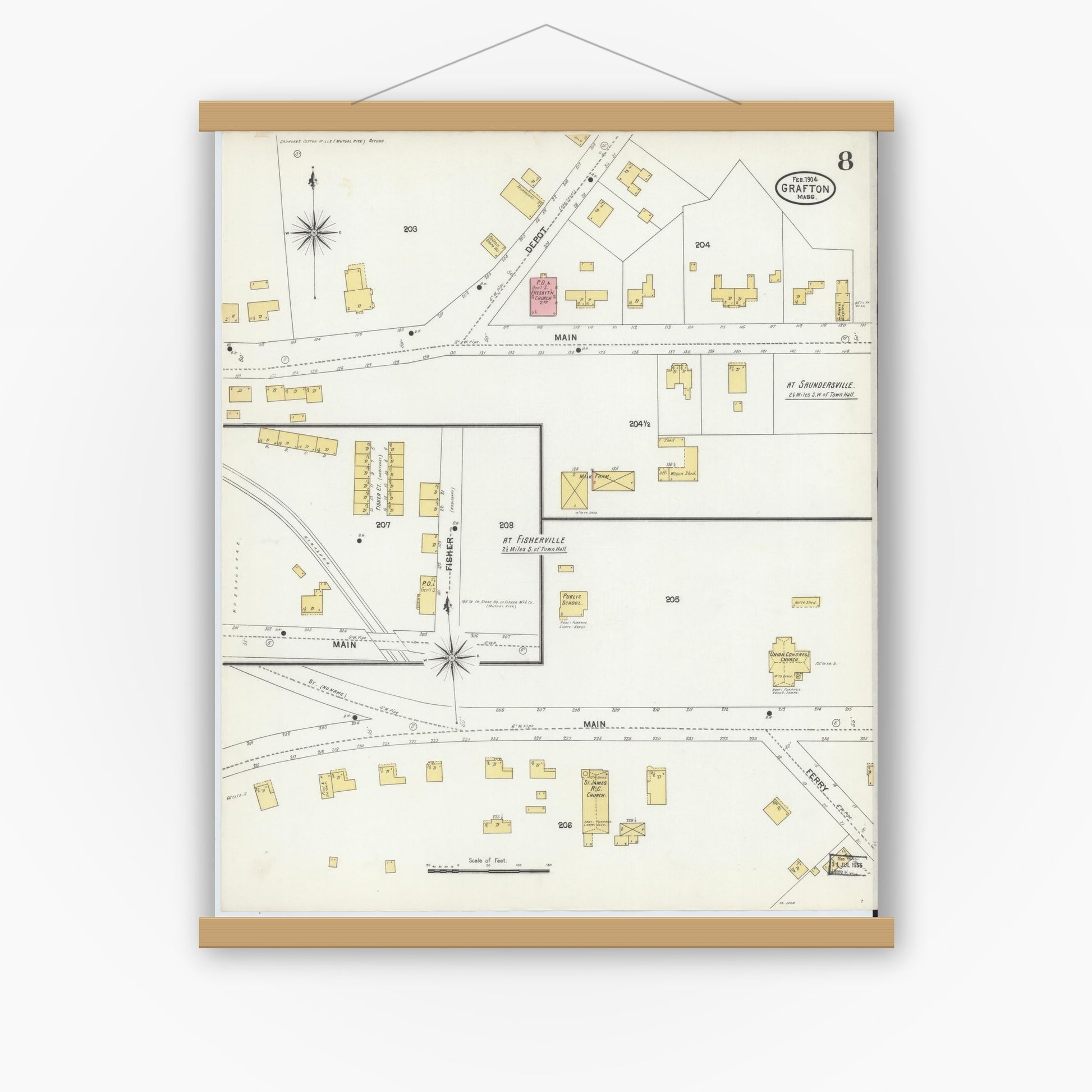 Old map wall art mockup — magnetic wood frame on white wall — Sanborn Fire Insurance Map from Grafton, Worcester County, Massachusetts (1904), Sheet #0008