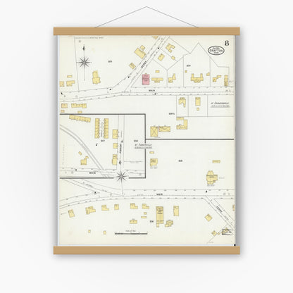 Old map wall art mockup — magnetic wood frame on white wall — Sanborn Fire Insurance Map from Grafton, Worcester County, Massachusetts (1904), Sheet #0008