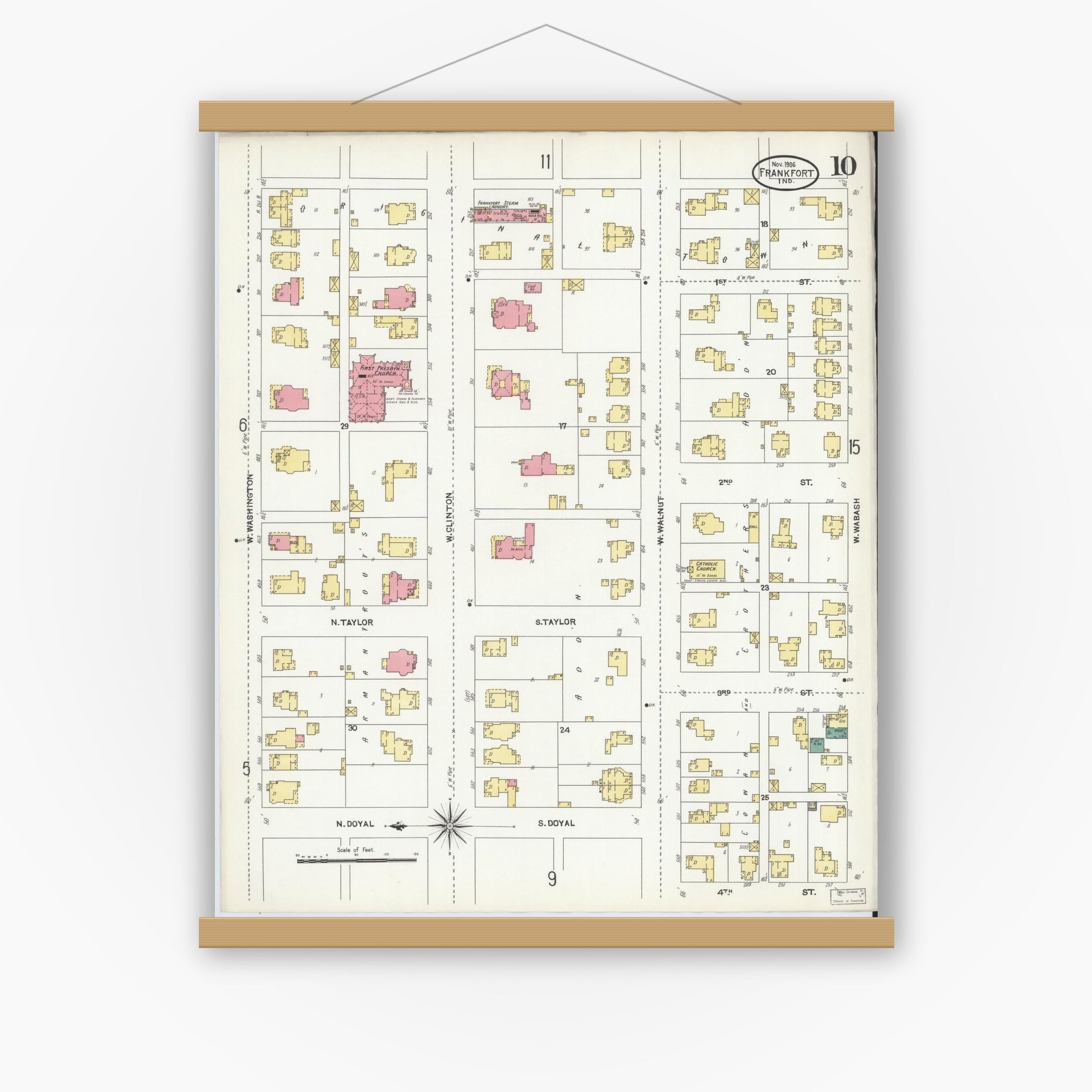 Old map wall art mockup — magnetic wood frame on white wall — Sanborn Fire Insurance Map from Frankfort, Clinton County, Indiana (1906), Sheet #0010