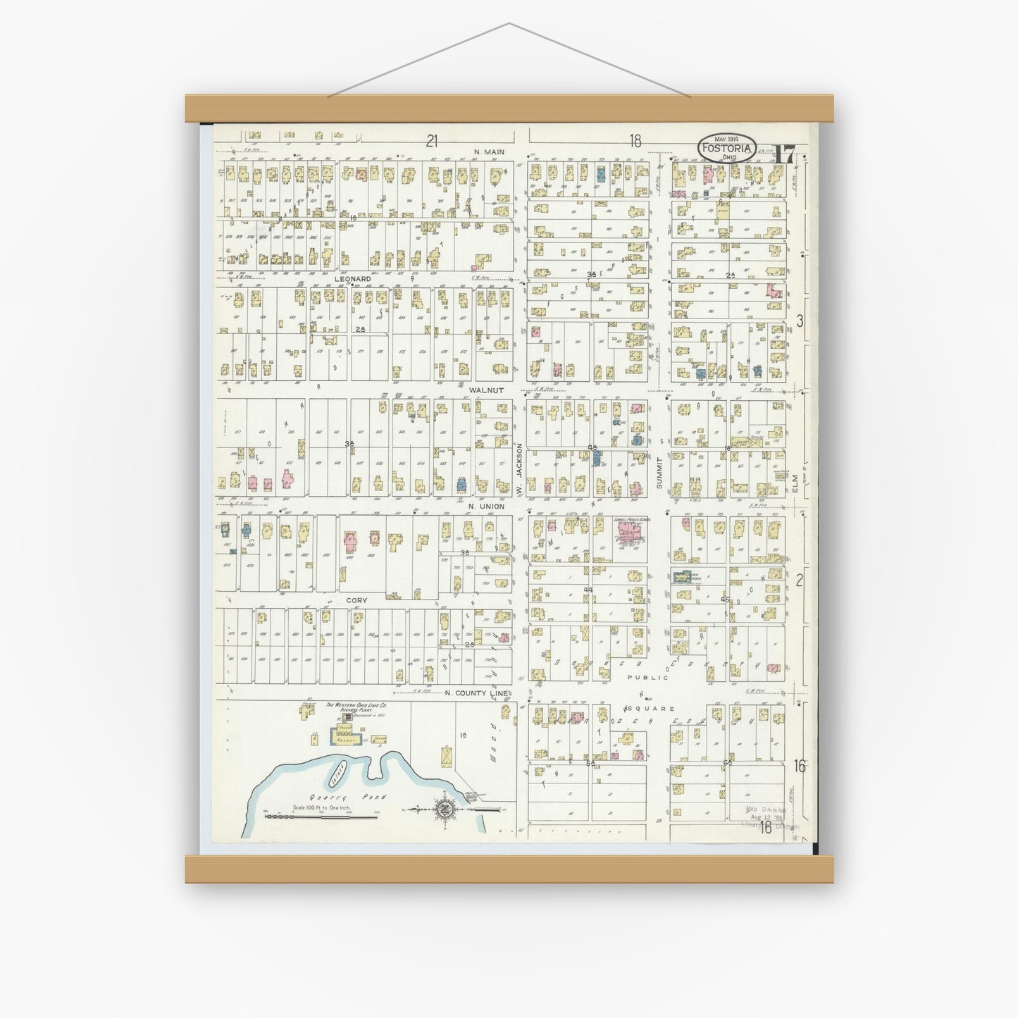 Old map wall art mockup — magnetic wood frame on white wall — Sanborn Fire Insurance Map from Fostoria, Seneca, Hancock, And Wood Counties, Ohio (1914), Sheet #0017
