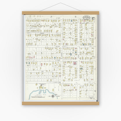 Old map wall art mockup — magnetic wood frame on white wall — Sanborn Fire Insurance Map from Fostoria, Seneca, Hancock, And Wood Counties, Ohio (1914), Sheet #0017