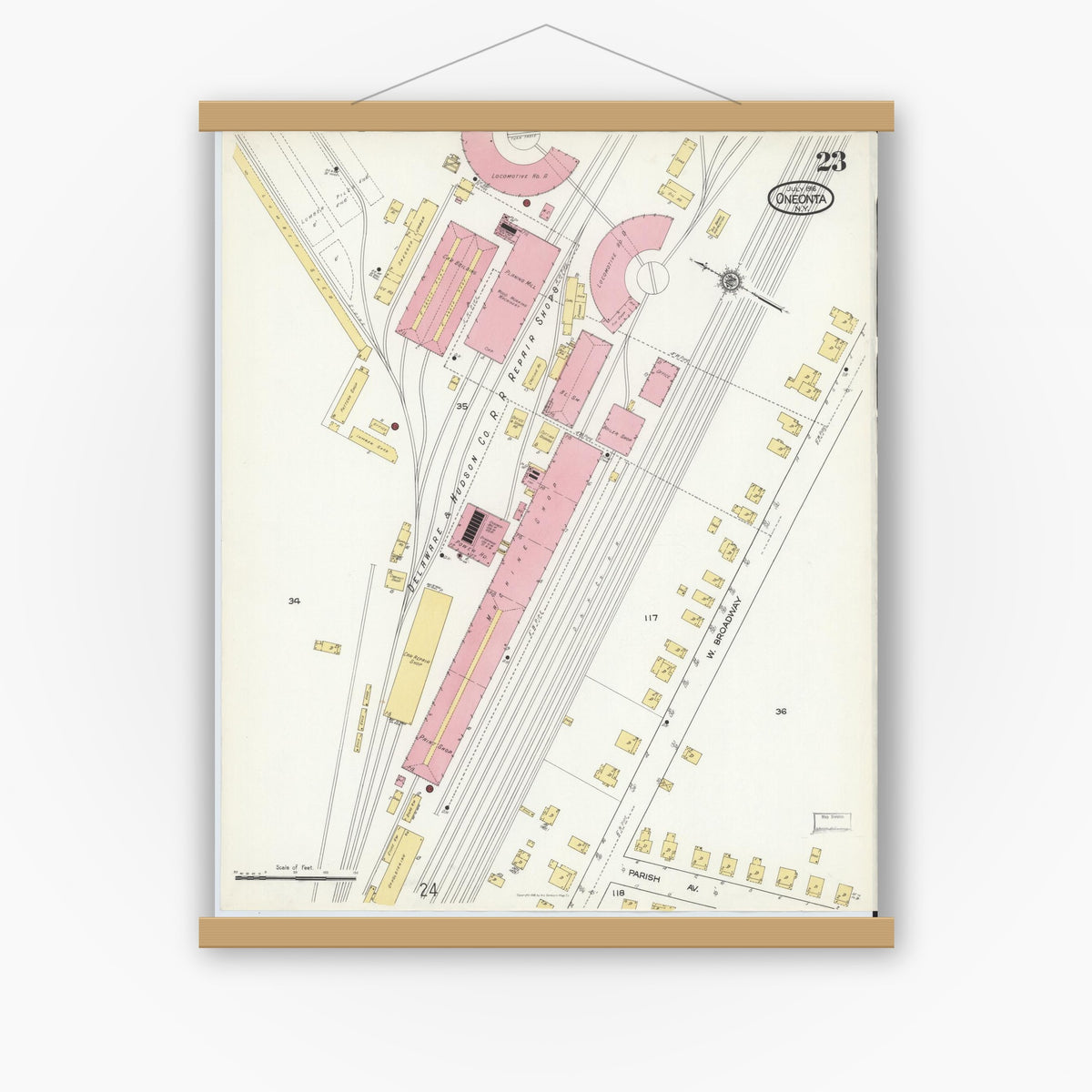 Old map wall art mockup — magnetic wood frame on white wall — Sanborn Fire Insurance Map from Oneonta, Otsego County, New York (1916), Sheet #0023