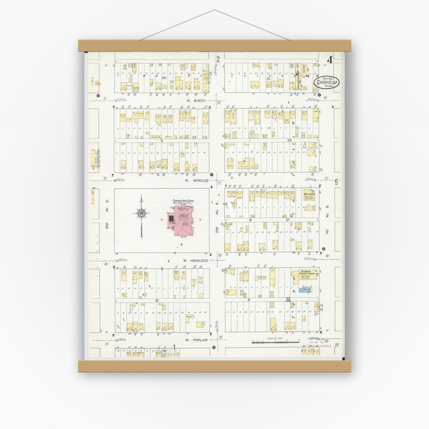 Old map wall art mockup — magnetic wood frame on white wall — Sanborn Fire Insurance Map from Chisholm, Saint Louis County, Minnesota (1912), Sheet #0004