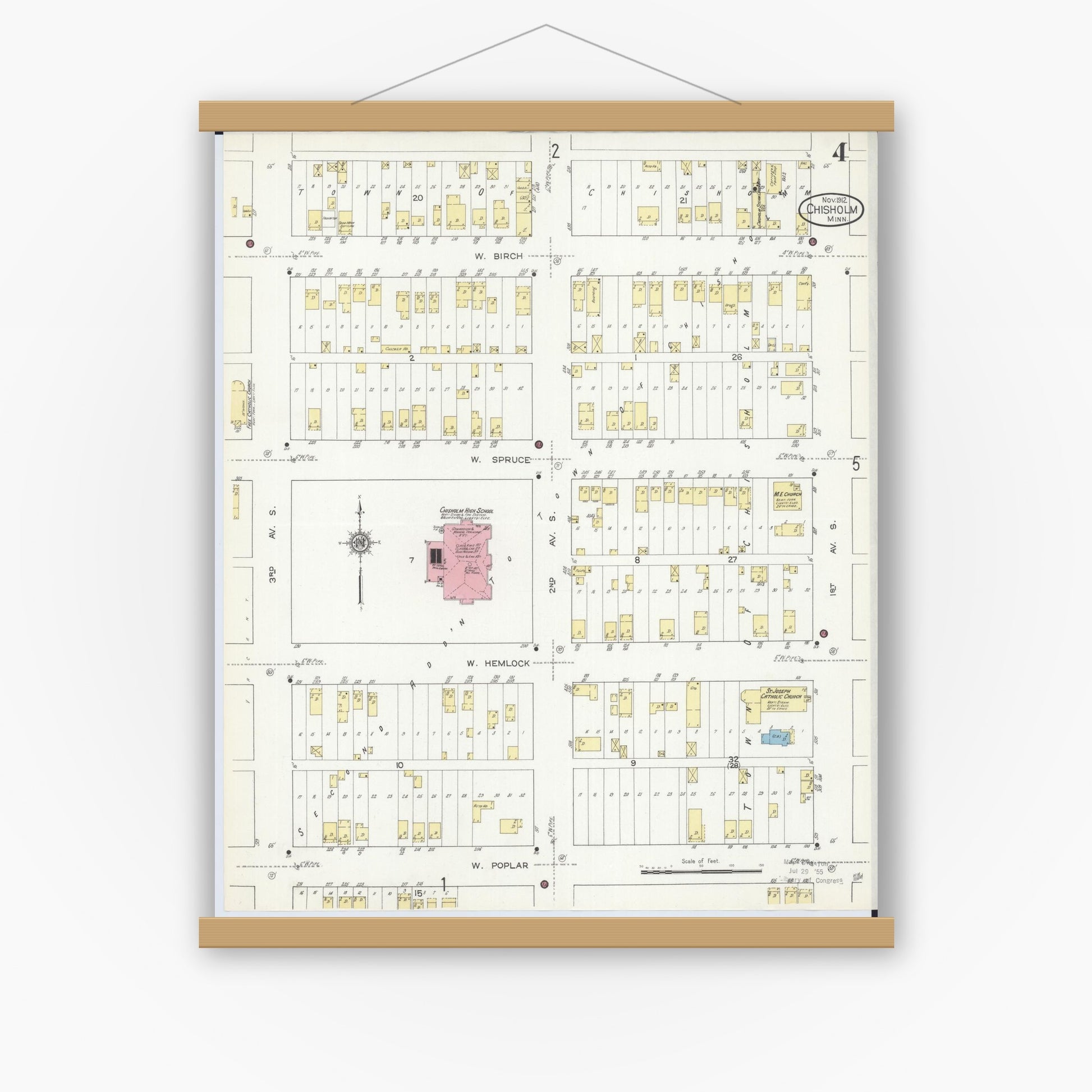 Old map wall art mockup — magnetic wood frame on white wall — Sanborn Fire Insurance Map from Chisholm, Saint Louis County, Minnesota (1912), Sheet #0004