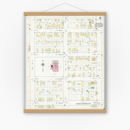 Old map wall art mockup — magnetic wood frame on white wall — Sanborn Fire Insurance Map from Chisholm, Saint Louis County, Minnesota (1912), Sheet #0004