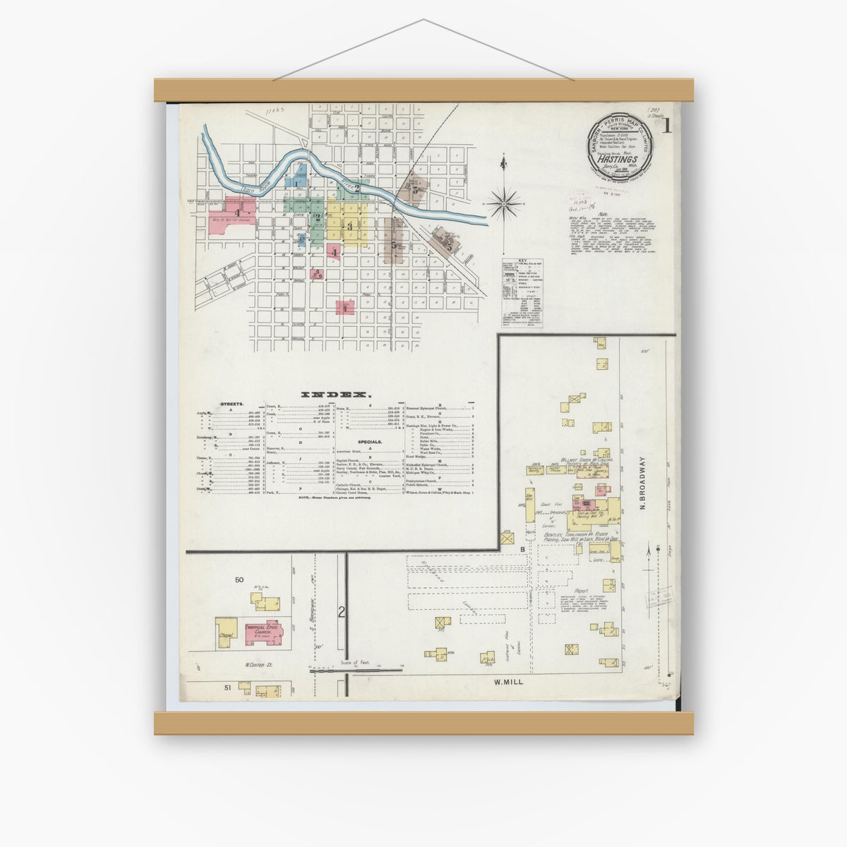 Old map wall art mockup — magnetic wood frame on white wall — Sanborn Fire Insurance Map from Hastings, Barry County, Michigan (1896), Sheet #0001