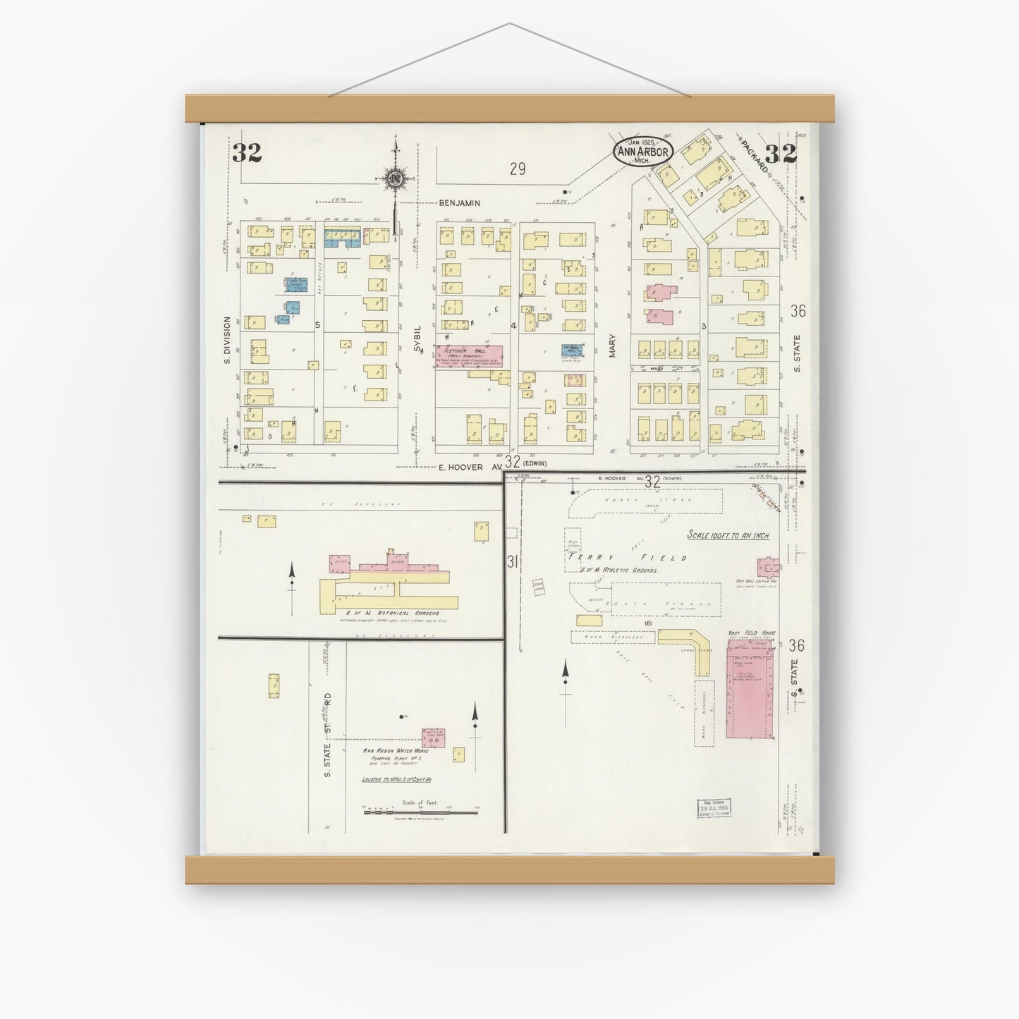 Old map wall art mockup — magnetic wood frame on white wall — Sanborn Fire Insurance Map from Ann Arbor, Washtenaw County, Michigan (1925), Sheet #0032