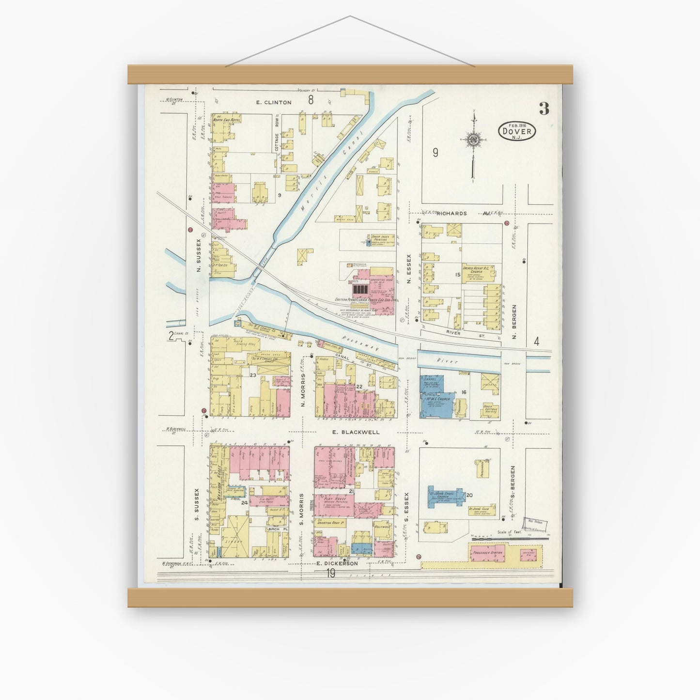 Old map wall art mockup — magnetic wood frame on white wall — Sanborn Fire Insurance Map from Dover, Morris County, New Jersey (1916), Sheet #0003