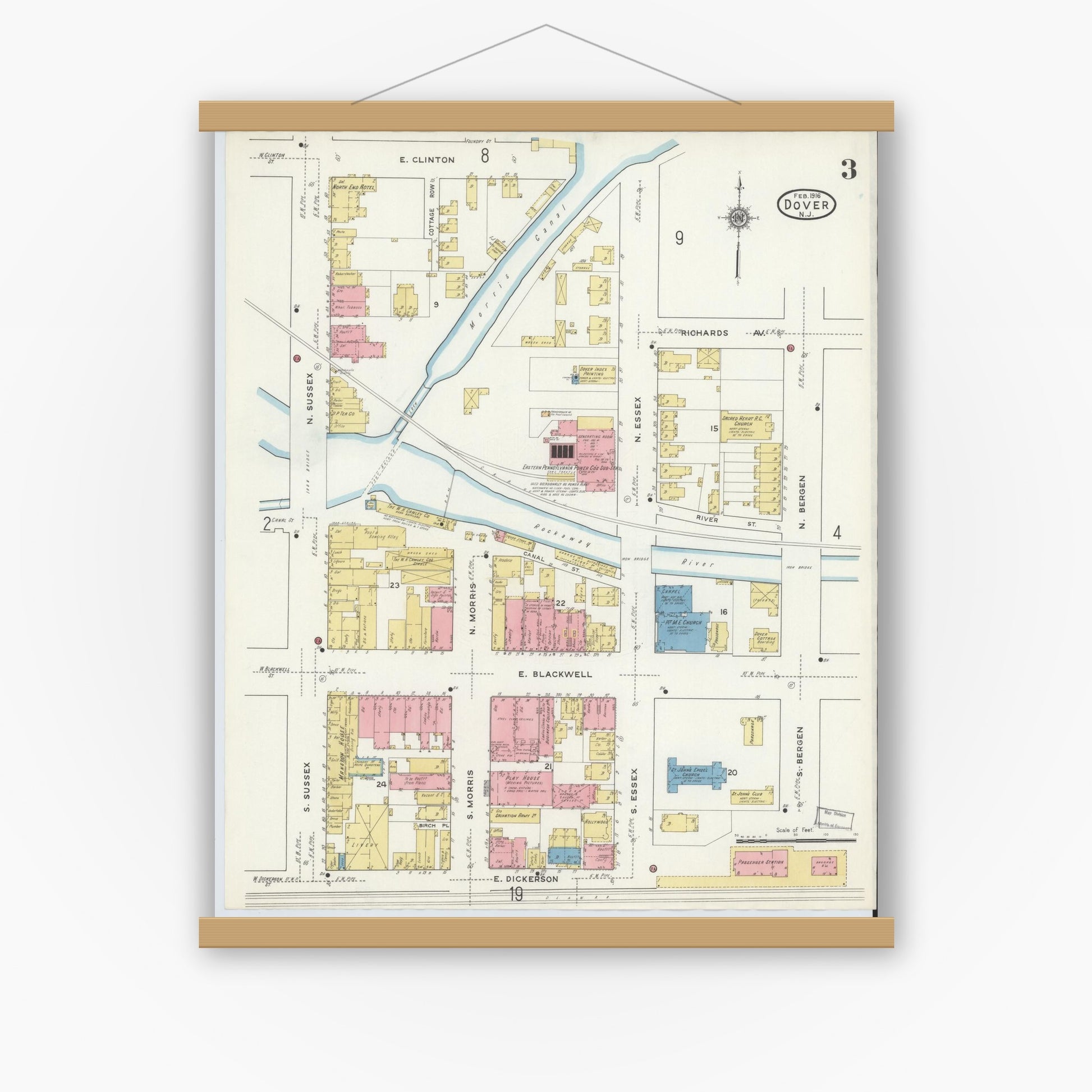 Old map wall art mockup — magnetic wood frame on white wall — Sanborn Fire Insurance Map from Dover, Morris County, New Jersey (1916), Sheet #0003