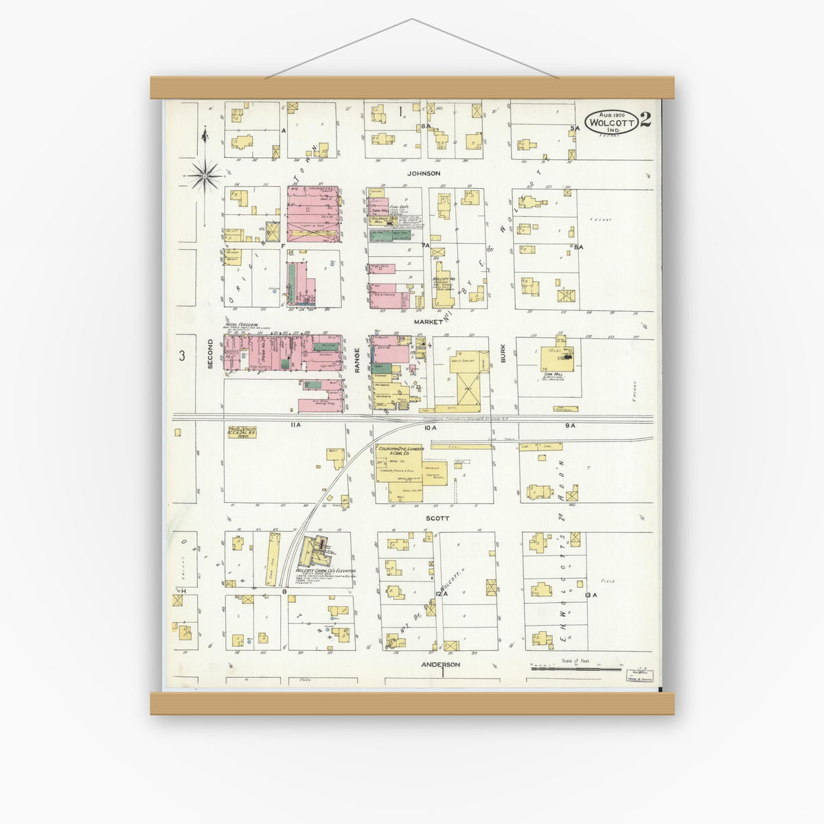 Old map wall art mockup — magnetic wood frame on white wall — Sanborn Fire Insurance Map from Wolcott, White County, Indiana (1909), Sheet #0002