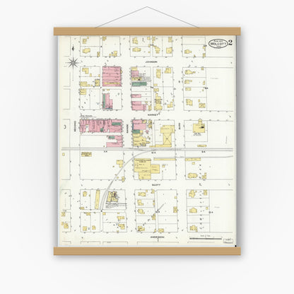 Old map wall art mockup — magnetic wood frame on white wall — Sanborn Fire Insurance Map from Wolcott, White County, Indiana (1909), Sheet #0002