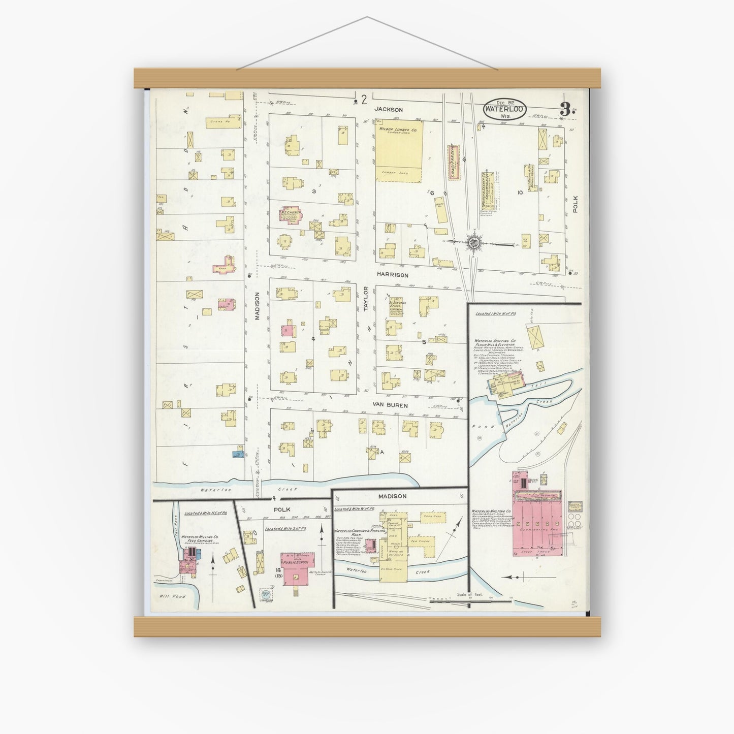 Old map wall art mockup — magnetic wood frame on white wall — Sanborn Fire Insurance Map from Waterloo, Jefferson County, Wisconsin (1912), Sheet #0003