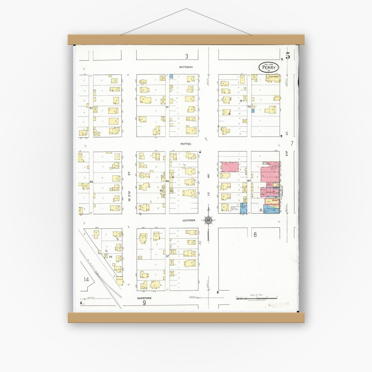 Old map wall art mockup — magnetic wood frame on white wall — Sanborn Fire Insurance Map from Perry, Dallas County, Iowa (1918), Sheet #0005
