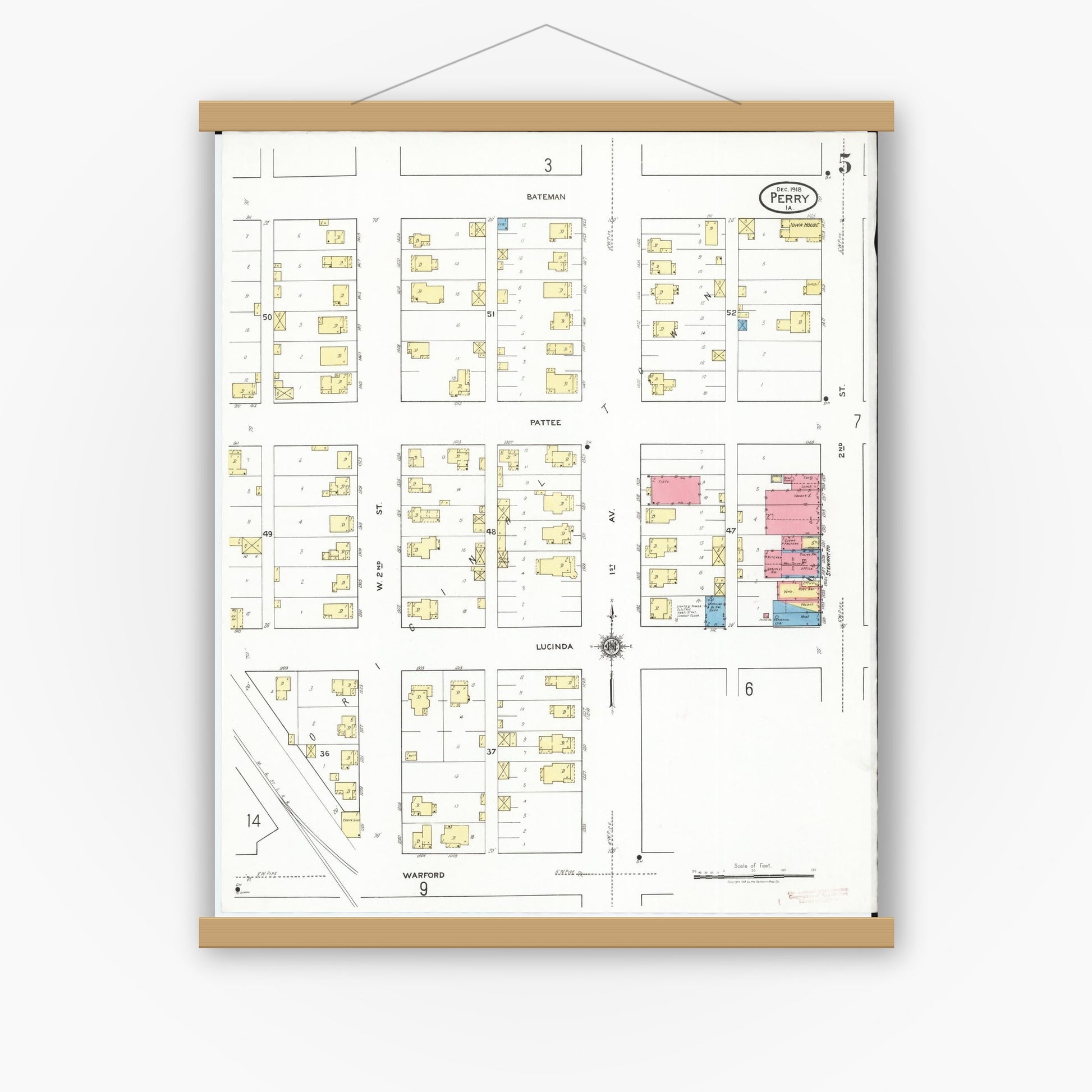 Old map wall art mockup — magnetic wood frame on white wall — Sanborn Fire Insurance Map from Perry, Dallas County, Iowa (1918), Sheet #0005